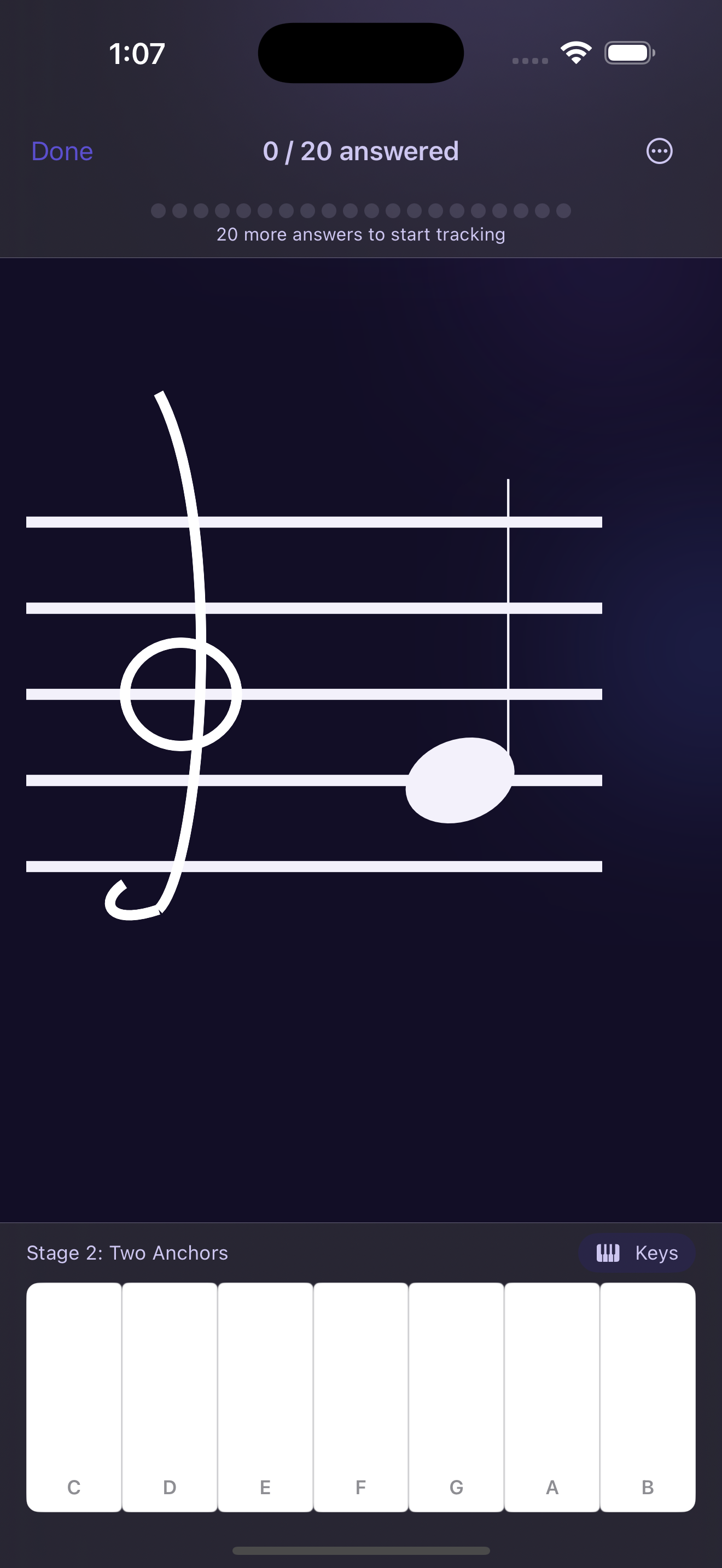 StaffReader practice screen — read the note on the staff and answer with the piano keyboard
